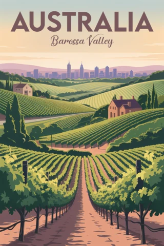 Design vintage australian per poster di viaggio con vigneti della Barossa Valley.