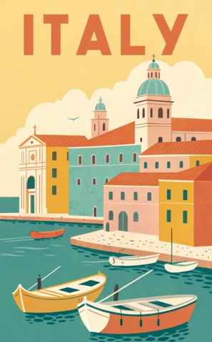 Vintage Italië reisposter ontwerp sjabloon met kleurrijk kustplaatsje en boten