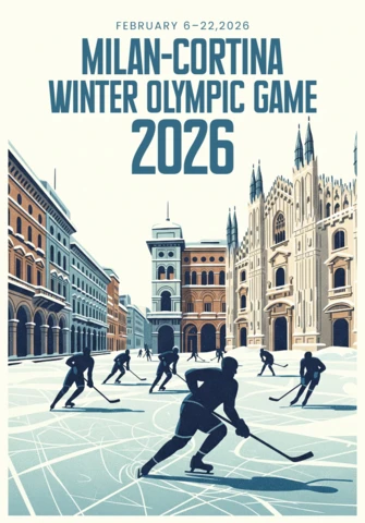 2026年冬季ミラノ・コルティナオリンピックポスター、ホッケー選手とミラノ大聖堂が都市の冬の風景に描かれています。