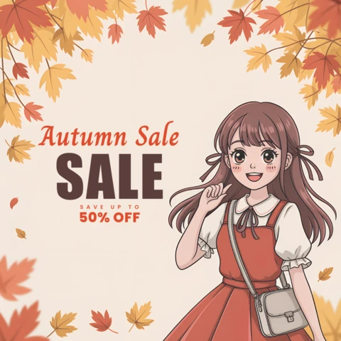 秋のセールデザインテンプレート、かわいいキャラクターと落ち葉を使ったプロモーションフライヤー用