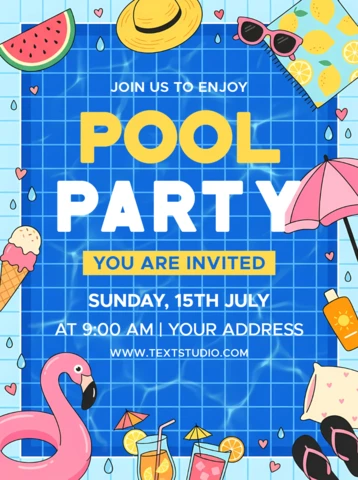 Plantilla de volante para invitación a fiesta de piscina de verano con flotador de flamenco, helado y accesorios tropicales de playa