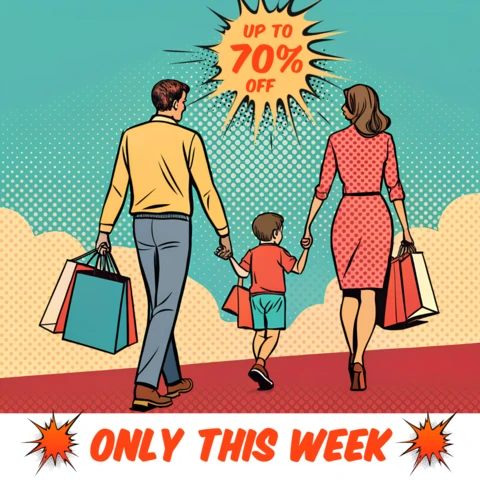 Modelo de venda de pop art para promoção de compras em família