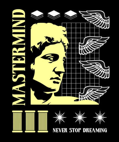 Mastermind Design Template with Classical Bust and Winged Graphics for Apparel