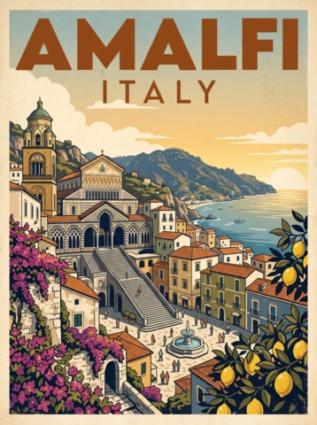 Vintage Retro Amalfi Italy Travel Poster Scenic Coastal Architecture Lemon Trees Cathedral Plaza Seaside Illustration