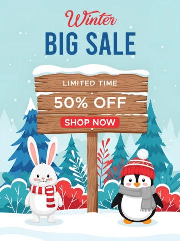 Winter Sale Design Template with Cute Animals for Promotional Flyers