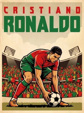 Affiche de football vintage Cristiano Ronaldo – œuvre rétro CR7 équipe nationale du Portugal avec ballon aux pieds et ambiance classique de stade