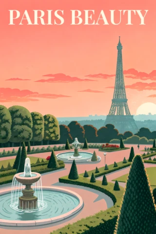 Paris French Gardens Beauty Vintage Illustration for Retro Flat Souvenirs Posters Template