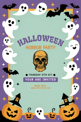 Convite de festa de Halloween assustador com design de fantasmas e caveiras