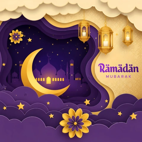 Szablon projektu Ramadan mubarak z księżycem w kształcie rogu i latarniami do kart okolicznościowych.