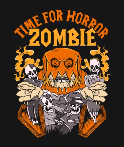 Time for Horror Zombie Halloween with Pumpkin & Skeletons T-Shirt Design Template