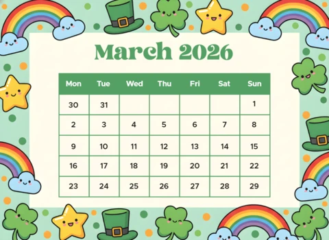 Pôster decorativo de calendário de março de 2026 com trevos, arco-íris e tema do dia de São Patrício.