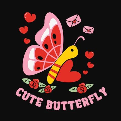 Cute Butterfly And Hearts Valentine T-Shirt Design Template