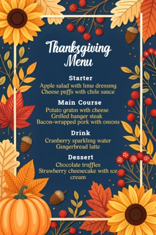 Thanksgiving Menu Design Template with Sunflowers and Autumn Leaves for Seasonal Events