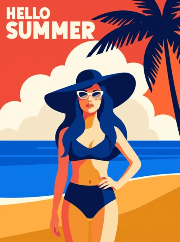 Hallo zomer tropische poster – kleurrijke minimalistische bikini meisje strandscène kunstwerk voor kustmuurdecoratie en zomervakantie sfeer