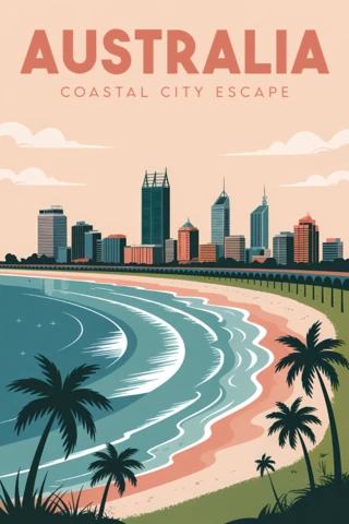 Design de pôsteres de viagem da praia de Bondi com o horizonte da Austrália.