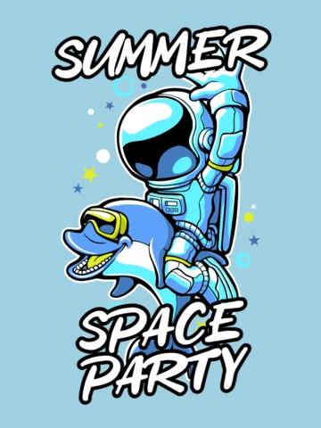 Fiesta espacial de verano con plantilla de diseño de camiseta de astronauta y delfín