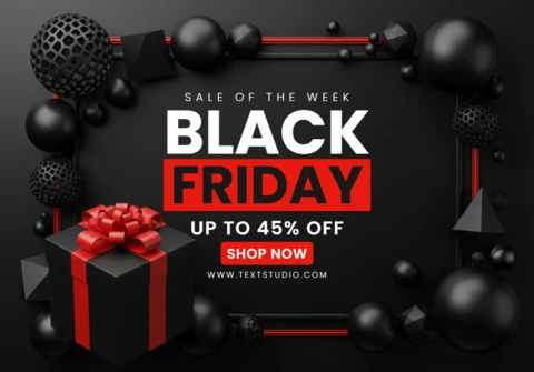 Black Friday Advertisement Sophisticated Design with Black Shapes, Red Bow, and Limited-Time Offer Template for Promotional Flyers