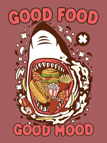 Good Food Good Mood Cartoon Shark T-Shirt Design Template