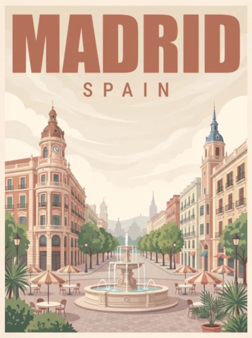 Madrid Retro Vintage Charm Poster Spain Scenic Plaza Avenue Fountain Café Umbrellas Historic Architecture Nostalgic Artwork