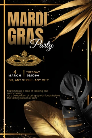 Black and Gold Elegant Mardi Gras Party Poster Template