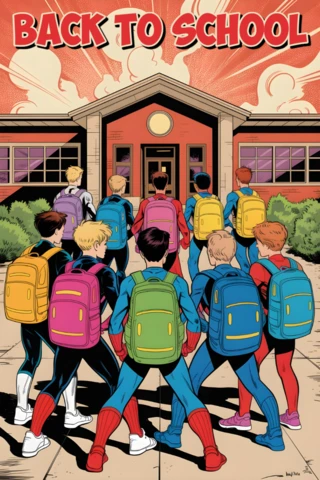 Volta às aulas, estudantes caminhando em direção à escola com mochilas coloridas e design de cartaz do céu ao amanhecer.