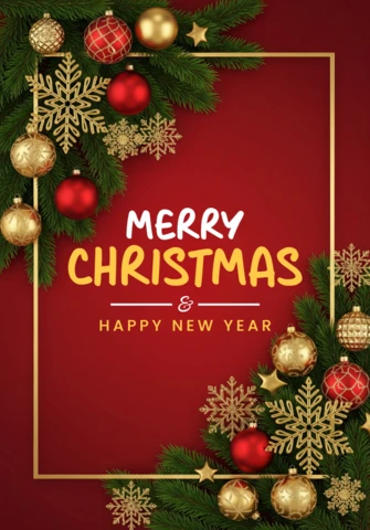 Christmas Greeting Card with Red Background, Pine Branches, Gold Snowflakes, and Festive Ornaments