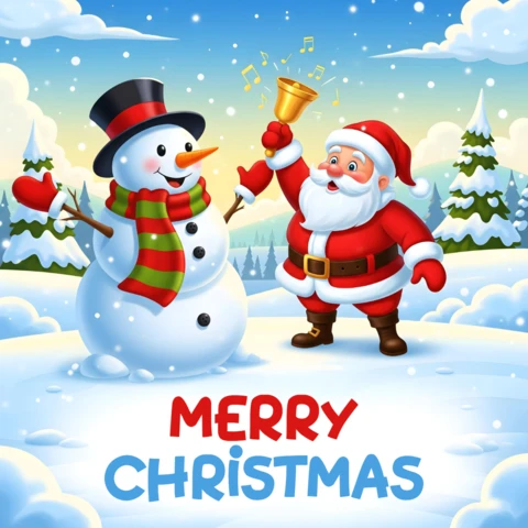 Holiday Season Poster Santa and Snowman in Snowy Scene with Bell, Music Notes, and Christmas Greeting Design Template