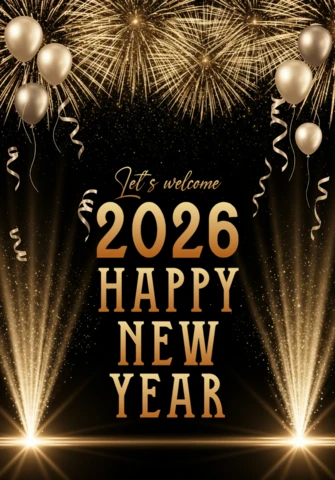 Happy New Year 2026 Poster Black Background with Golden Balloons, Fireworks, and Celebration Lights