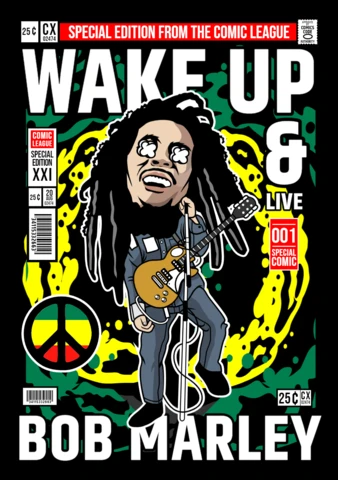 Bob marley personaje de dibujos animados plantilla de diseño de portada de revista