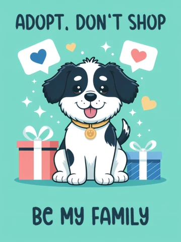 Plantilla de diseño editable para adopción de perros en tarjetas de saludo con un estilo de caricatura lindo.