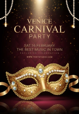 Venice Carnival Party Poster Elegant Gold Masquerade Mask with Pearls, Jewels, and Sparkling Lights On Dark Background