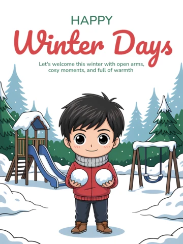 Winter Days Design Template with Playful Child Holding Snowballs for Greeting Cards