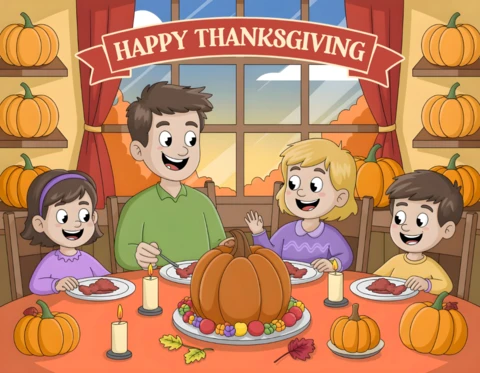 Cartão de agradecimento em cartoon, jantar em família feliz com abóboras e decoração de outono, modelo de design de banner.