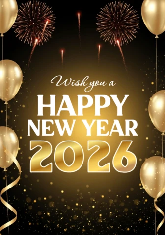 Szczęśliwego nowego roku 2026, kartka z złotymi balonami i fajerwerkami z błyszczącymi światłami celebracyjnymi.