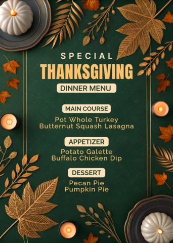 Thanksgiving Menu Design Template with Elegant Leaves and Candles for Festive Dinner Events