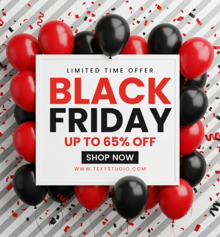 Affiche de shopping saisonnier mise en page Black Friday avec fond rayé, accents de ballons et design de confettis pour des flyers promotionnels.