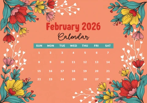 Coral Floral Design with Red, Yellow & Pink Blooms and Sparkling Valentine Glow February 2026 Calendar Poster