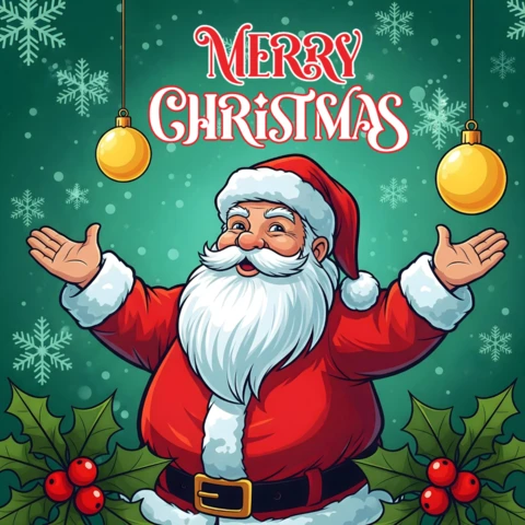 Christmas Poster Santa Claus with Open Arms On Green Snowflake Background and Hanging Ornaments Design Template