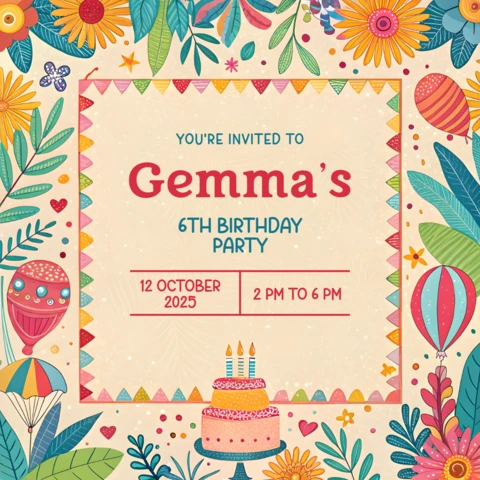 Modèle d'invitation d'anniversaire floral coloré pour les fêtes d'enfants