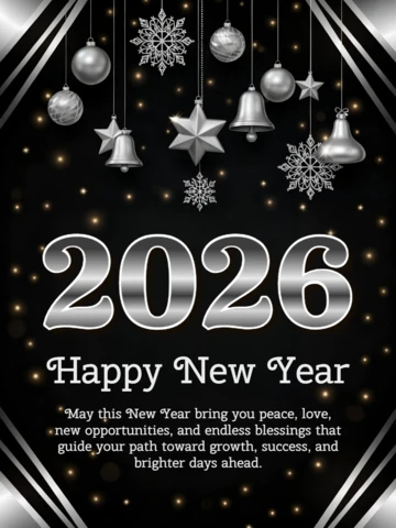New Year Celebration Template with Silver Stars and Ornaments Design for Greeting Cards
