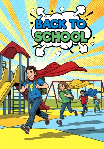 Back to School Children Running On Playground with Superhero Cape and Comic Burst Poster Design Template