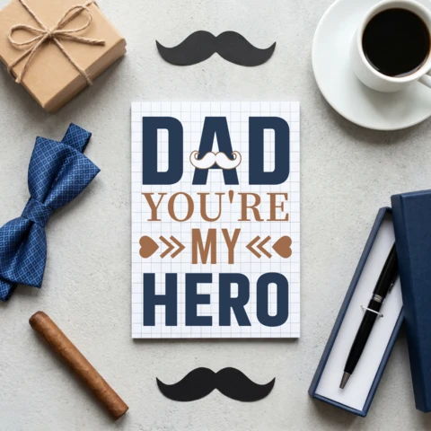Father’s Day 2026 Flat Lay Greeting Card Featuring Gift Box Bow Tie Cigar Mustache Coffee Pen and Dad You’re My Hero Message