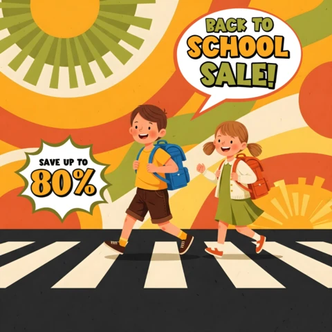 Comic Back To School School Sale Student Crosswalk Scene with Backpacks & Limited-Time Promo Design Template for Promotional Flyers