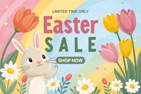 Whimsical Easter Sale Design Template with Cute Bunny and Floral Elements