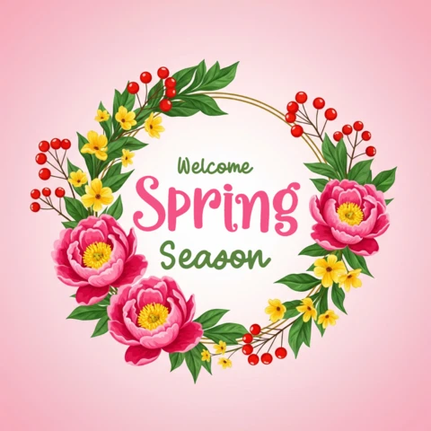 Cartaz de boas-vindas à primavera - guirlanda floral com peônias, tulipas e saudação alegre