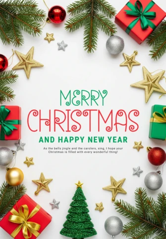Elegant Christmas Card Design with Pine Branch Border, Ribbon-Wrapped Presents, and Seasonal Ornament Accents