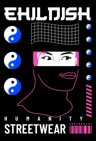 Template di design streetwear con volti grafici ed elementi yin yang