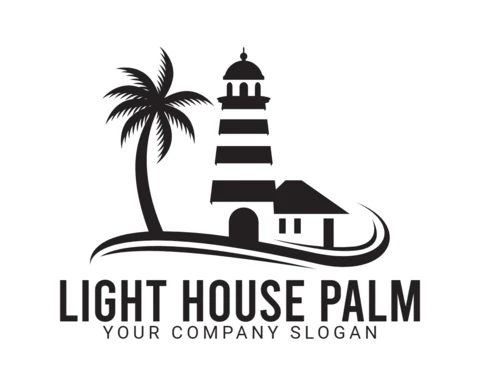 Designvorlage für das Leuchtturm-Palmen-Logo