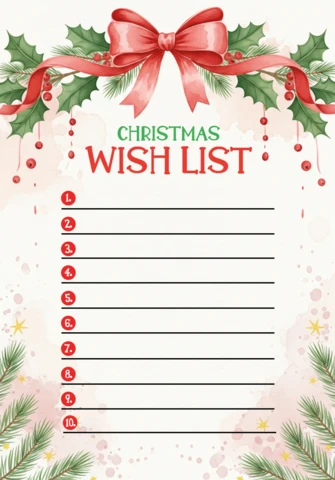 Modello di lista dei desideri di Natale con design festivo, nastro rosso, agrifoglio e sfondo acquerello