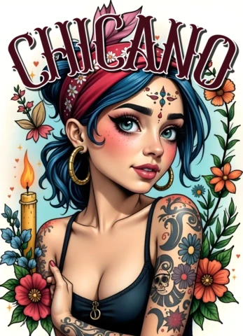 Plantilla de diseño de tatuaje inspirada en el arte chicano con elementos florales y colores vibrantes